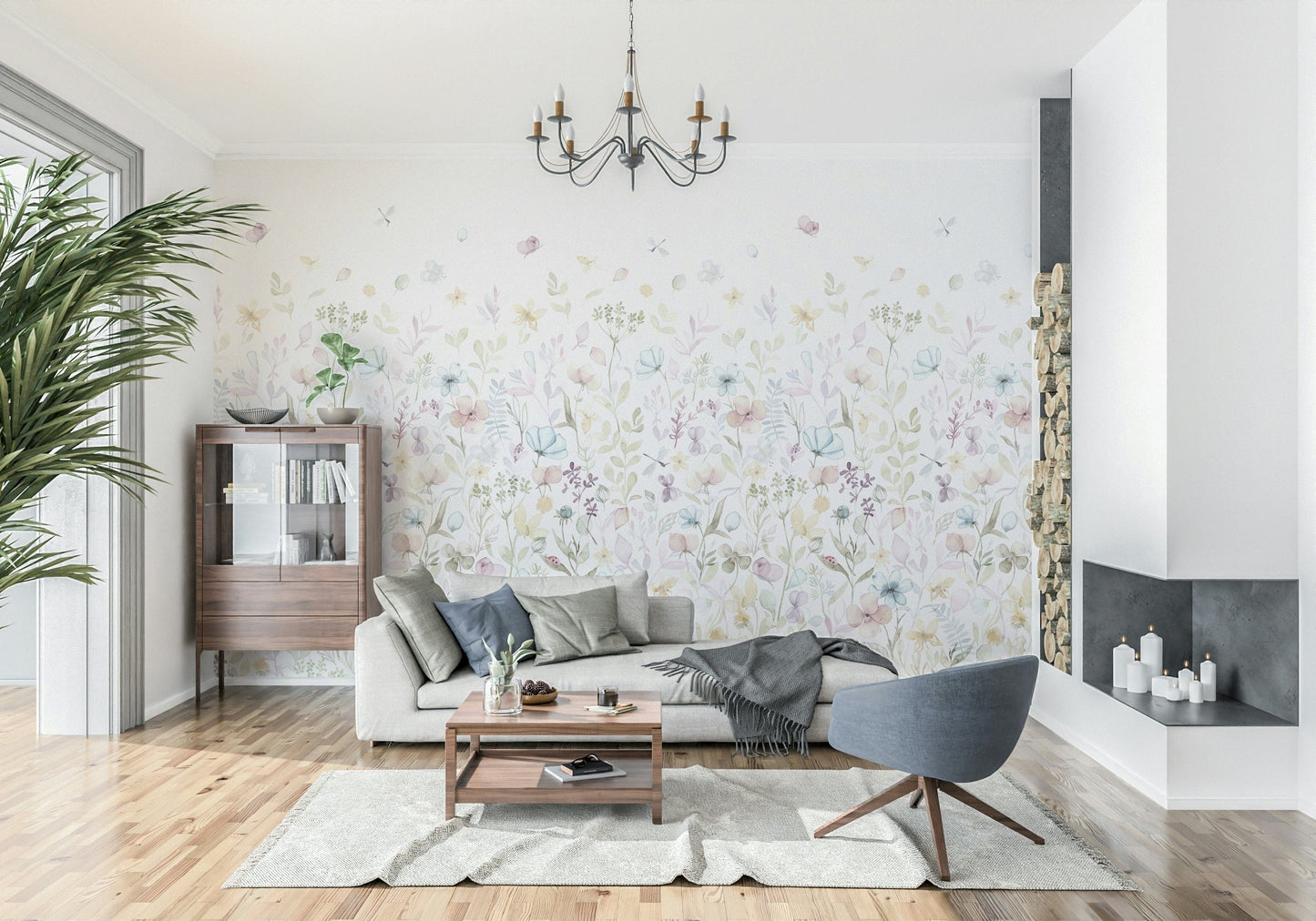 A subtle meadow wallpaper featuring airy watercolor florals in soothing, muted hues.