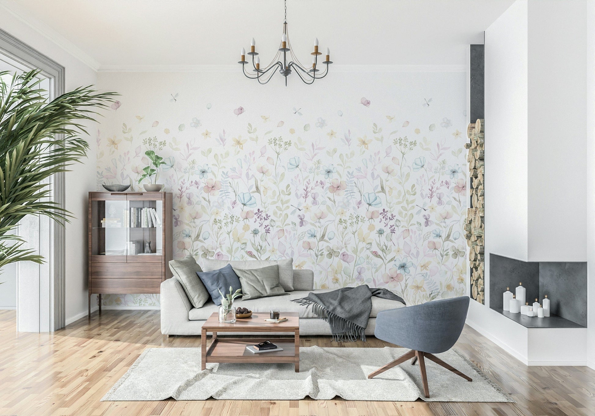 A subtle meadow wallpaper featuring airy watercolor florals in soothing, muted hues.