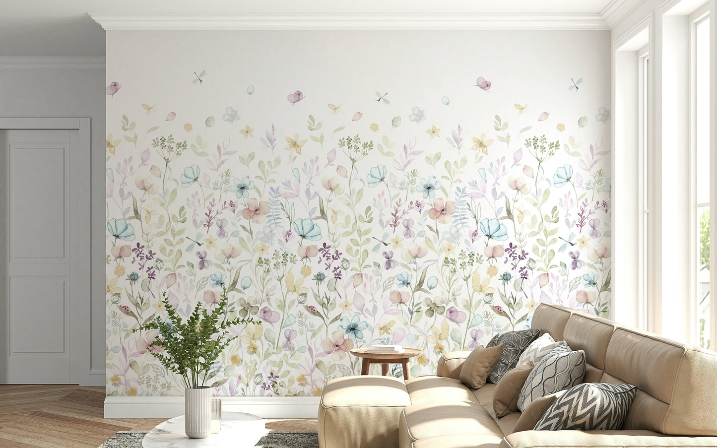 A delicate watercolor floral wallpaper featuring soft pastel blooms and leaves on a white background.