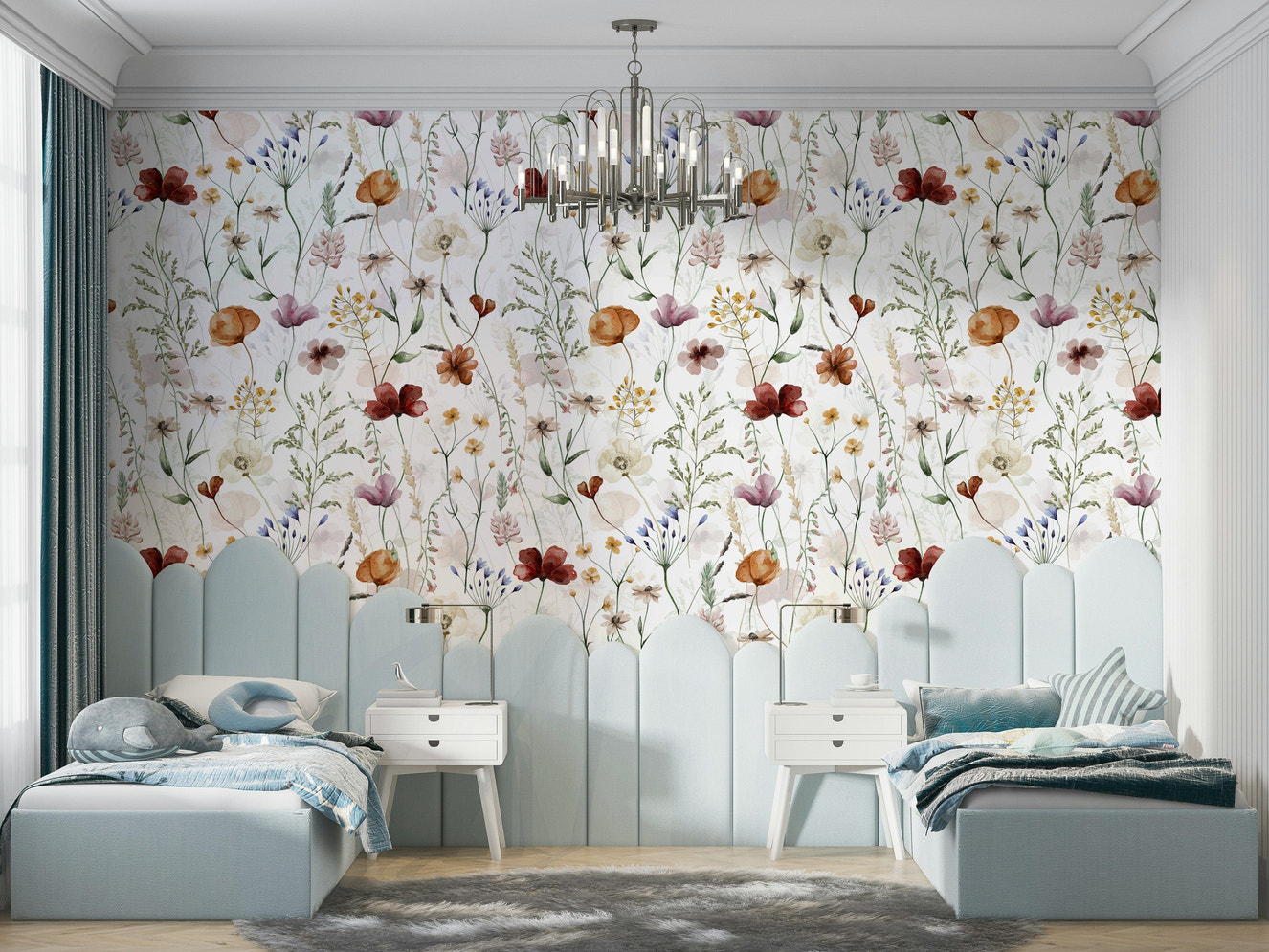 Wall mural with a watercolor wildflower meadow.

