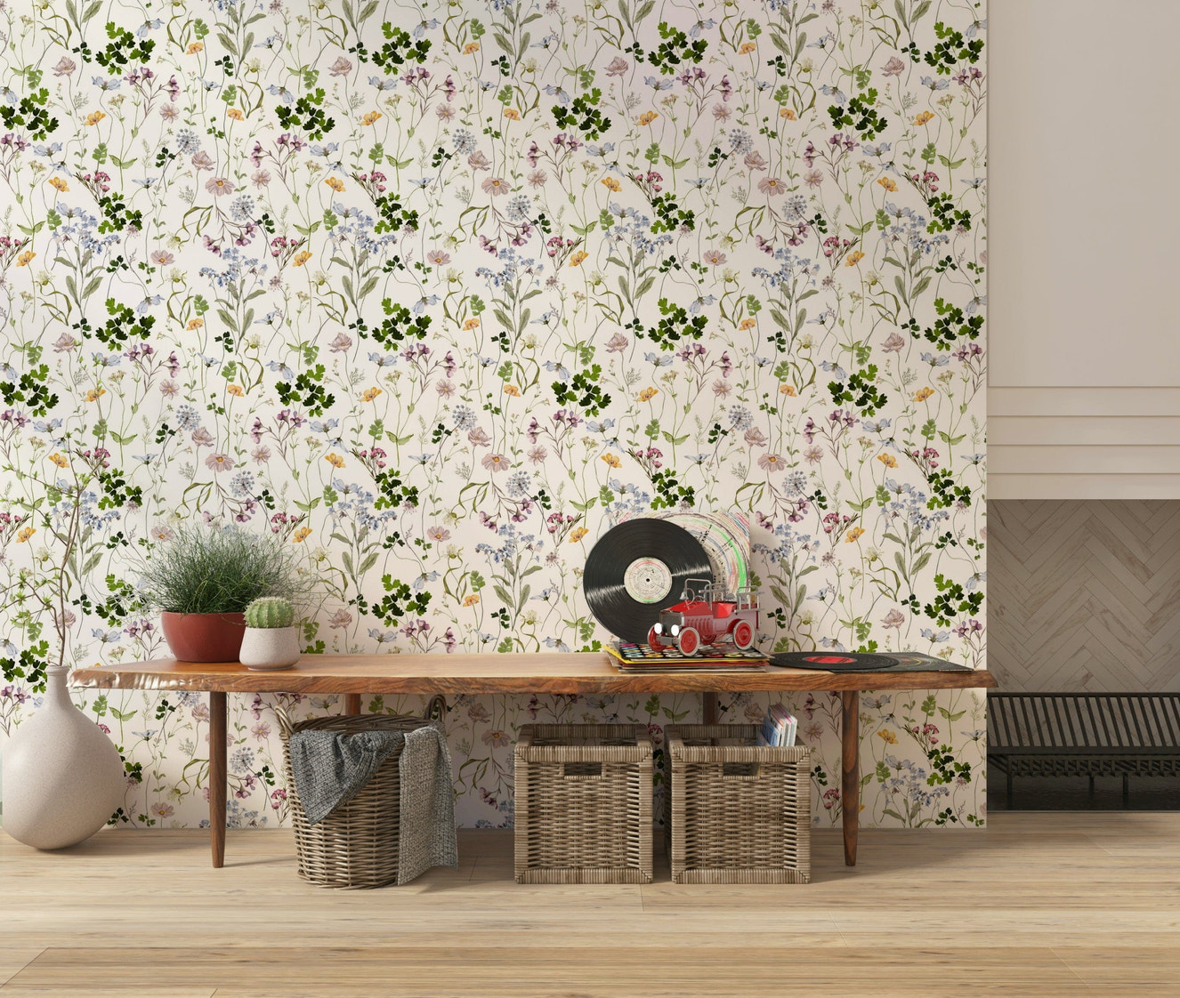 Wildflower Early Summer Meadow Wallpaper in an open-plan living space with oak floors.