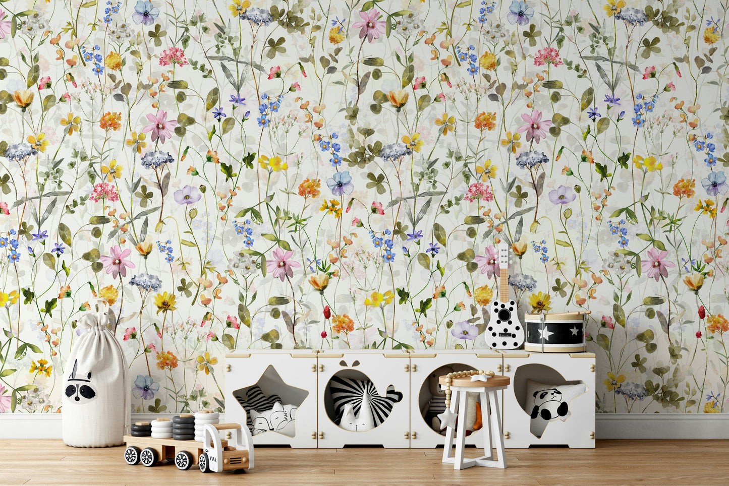 The scene includes colorful wildflowers and blooms.

