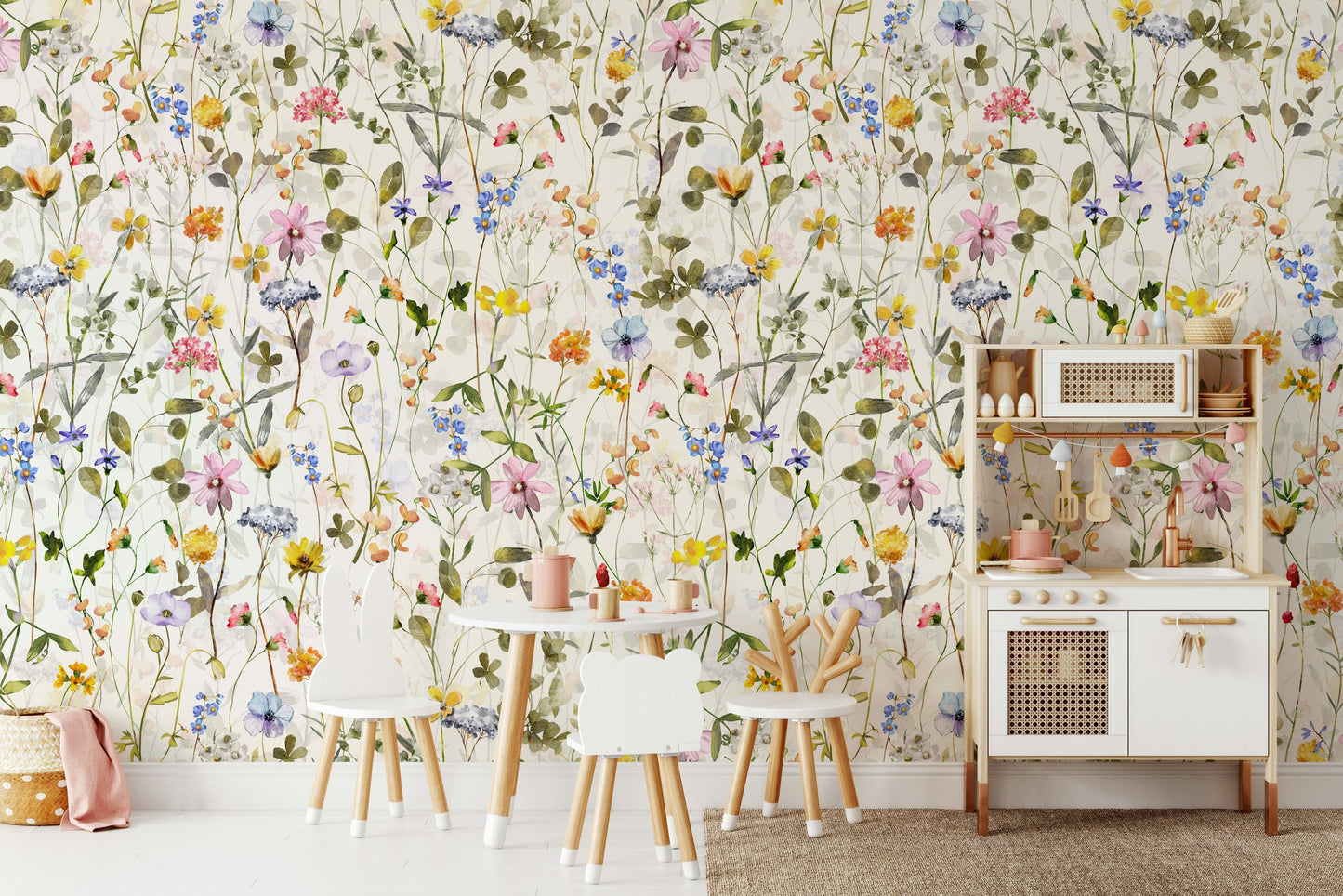 A wall covering with a whimsical and peaceful style.

