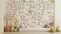The mural shows a hand-painted floral scene.

