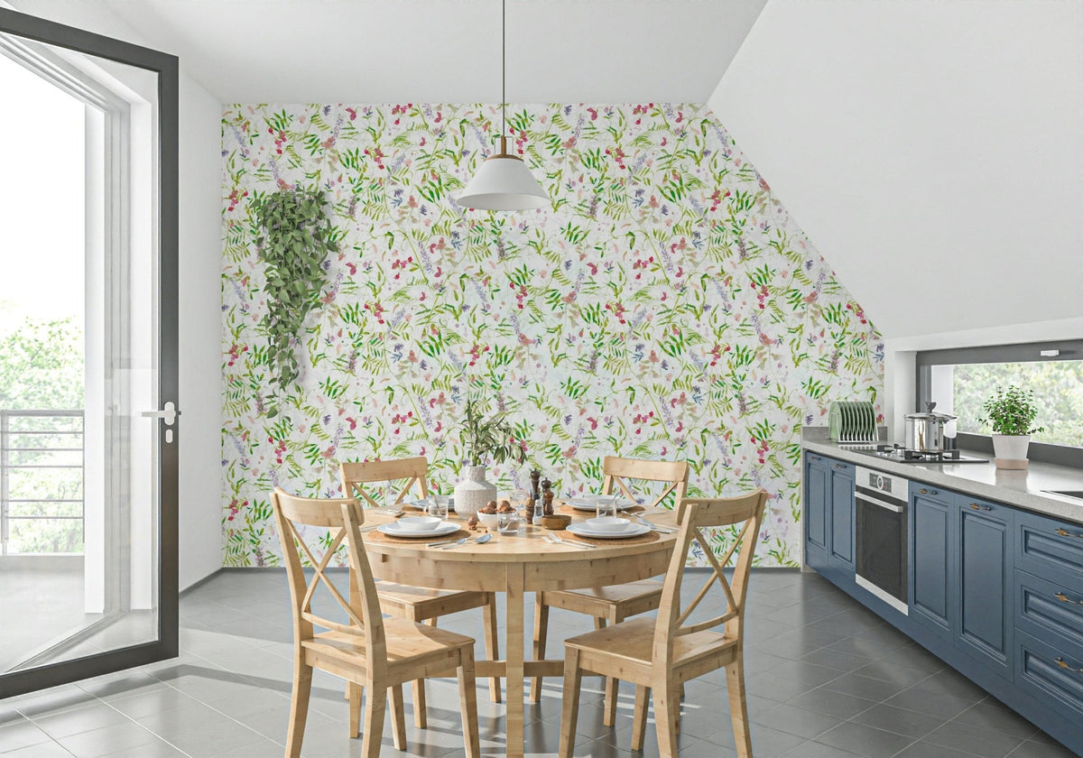 Vivid Watercolor Wildflowers wall mural, elegant flowering vines decoration.