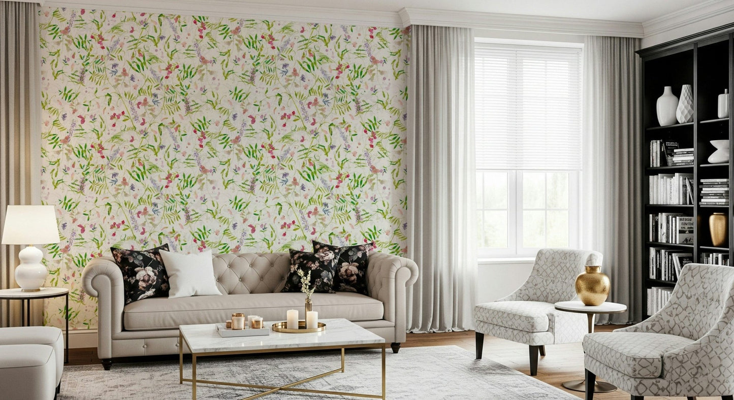 Meadow Watercolor Wildflowers wall mural, blush petals foliage accents.
