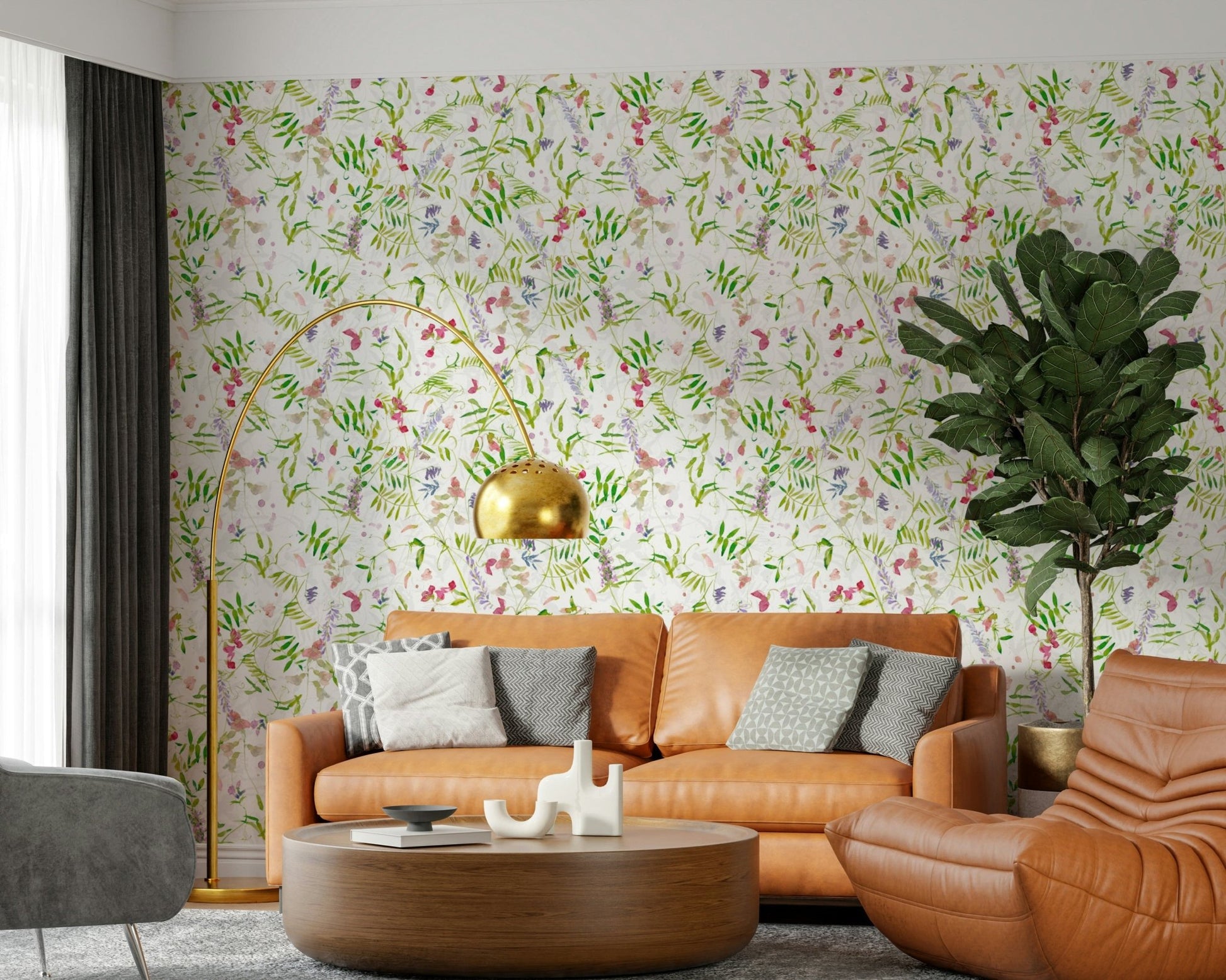 Lively Watercolor Wildflowers wall mural, detailed botanical illustration.