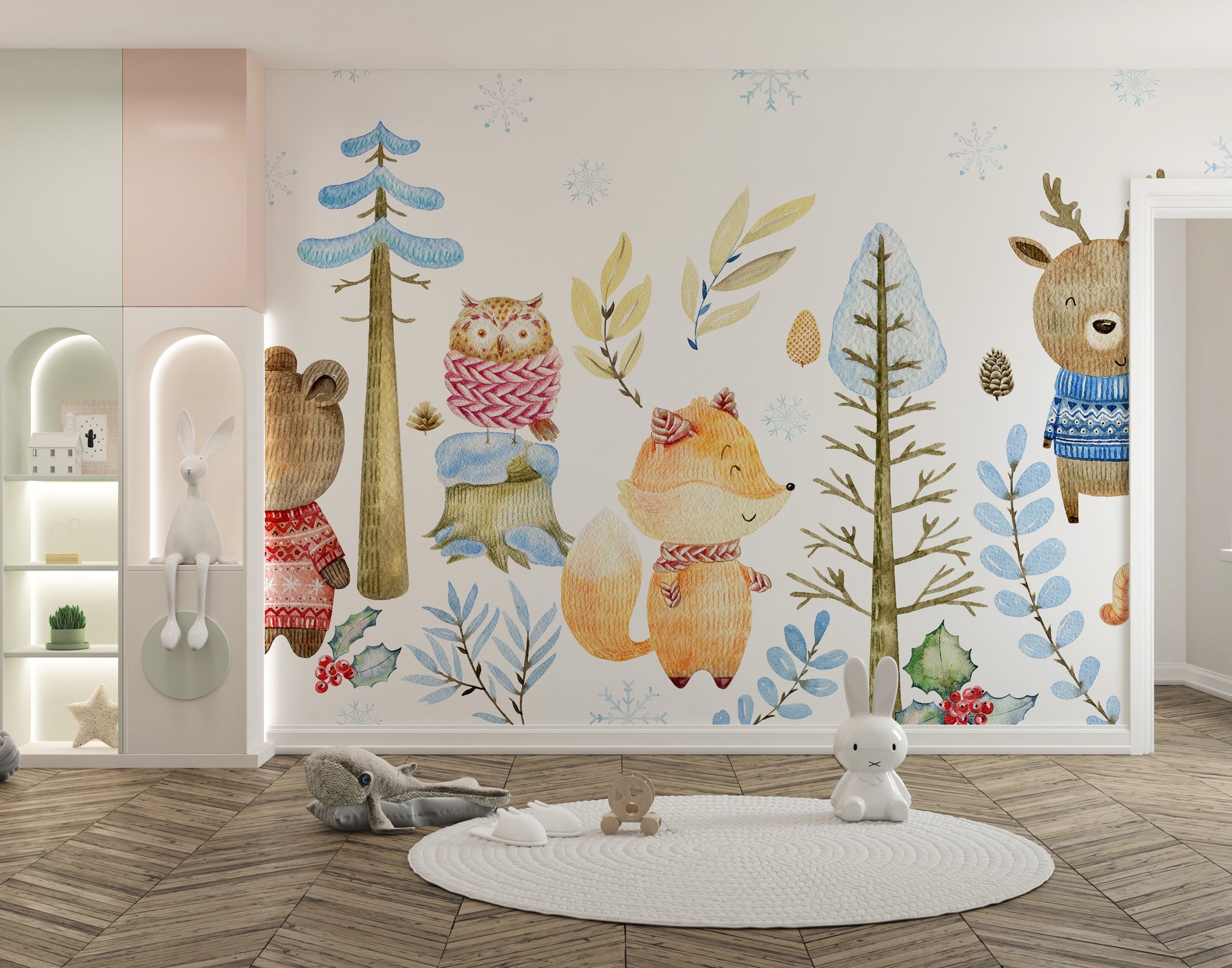 Kids room winter forest wallpaper with watercolor animals.