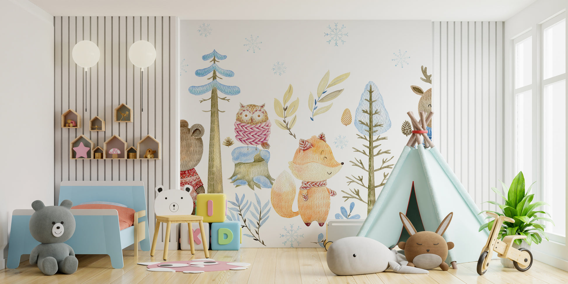 Cute woodland animals illustration for winter wall decor.