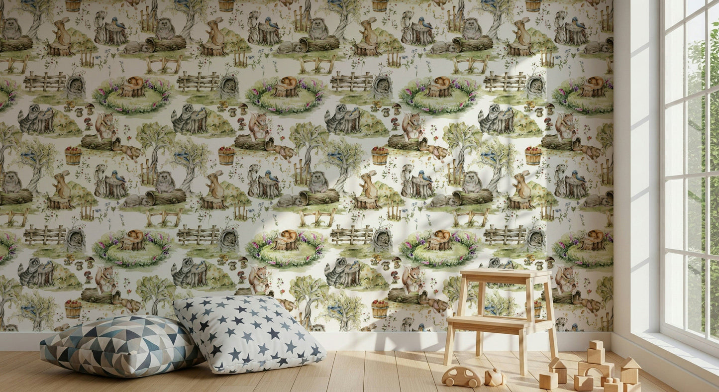 Watercolor Woods wallpaper for walls featuring cute rabbits and fauna.