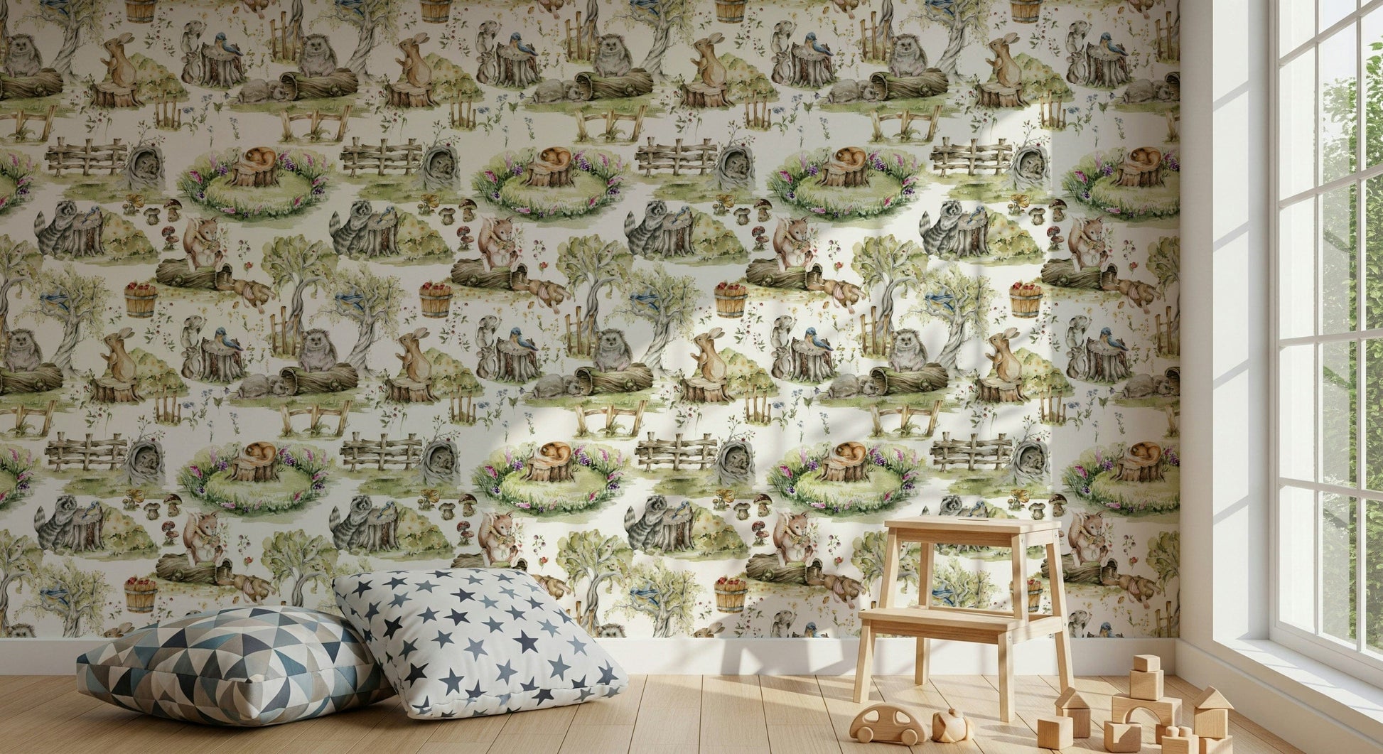 Watercolor Woods wallpaper for walls featuring cute rabbits and fauna.