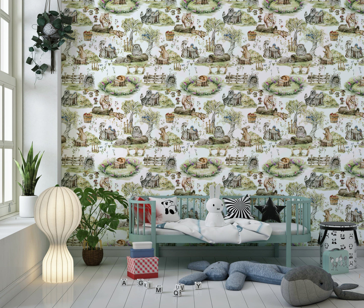 Watercolor Woods pattern with forest friends and wildflowers.