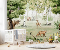 Woodland Wonders mural wallpaper featuring deer and fox