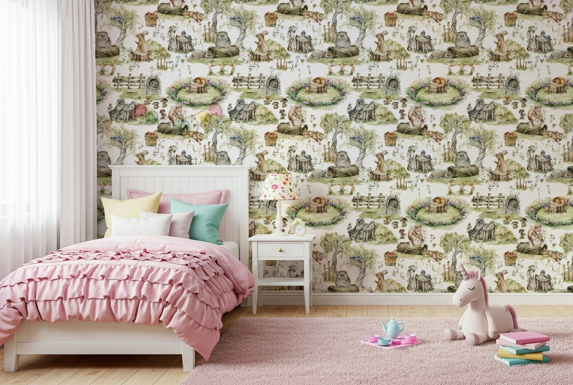 Watercolor Woods wallpaper for walls with a squirrel holding berries.