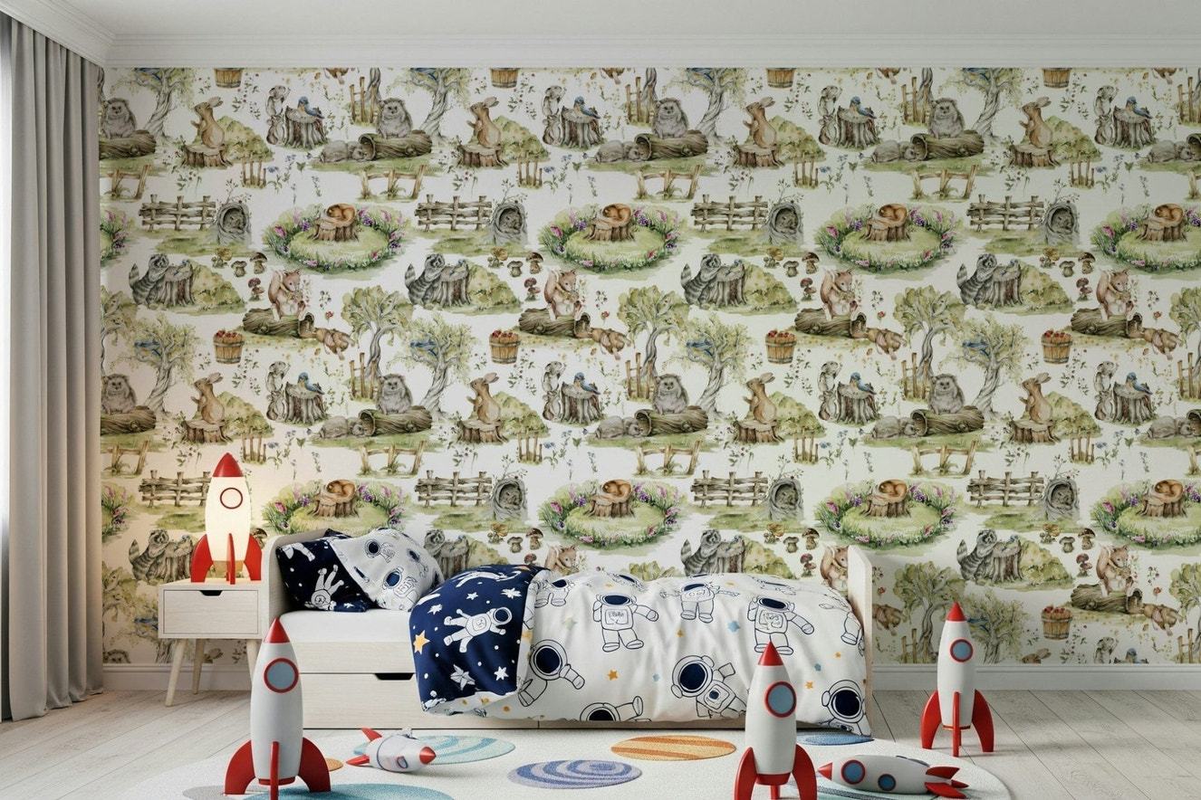 Charming Watercolor Woods wallpaper featuring a rabbit on a tree stump.