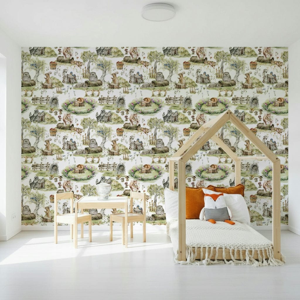 Delicate Watercolor Woods pattern with tree stumps and berries.