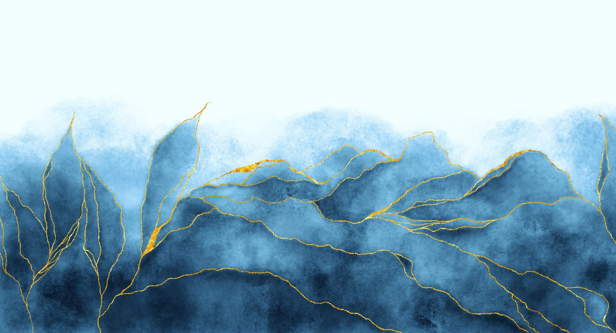 Blue Gold Watercolor Wallpaper Mural in your room — zoomed