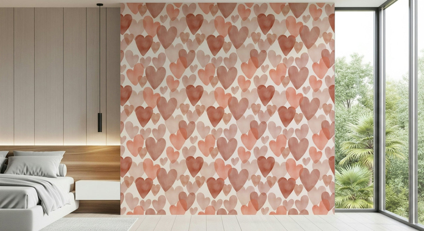 Soft pastel wallpaper mural filled with overlapping watercolor hearts in warm blush hues.