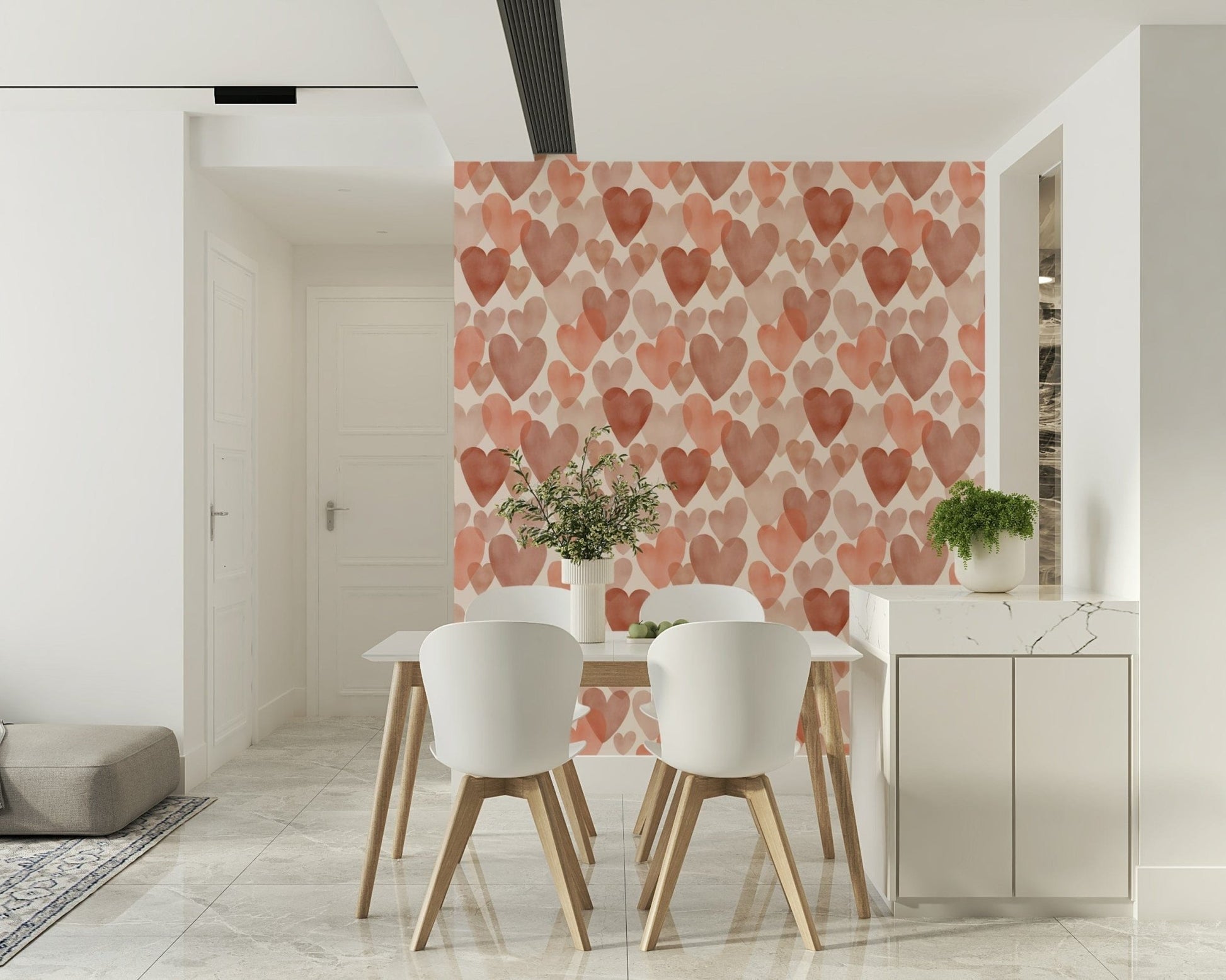 Decorative wallpaper featuring translucent watercolor hearts in peach, rose, and terracotta tones.