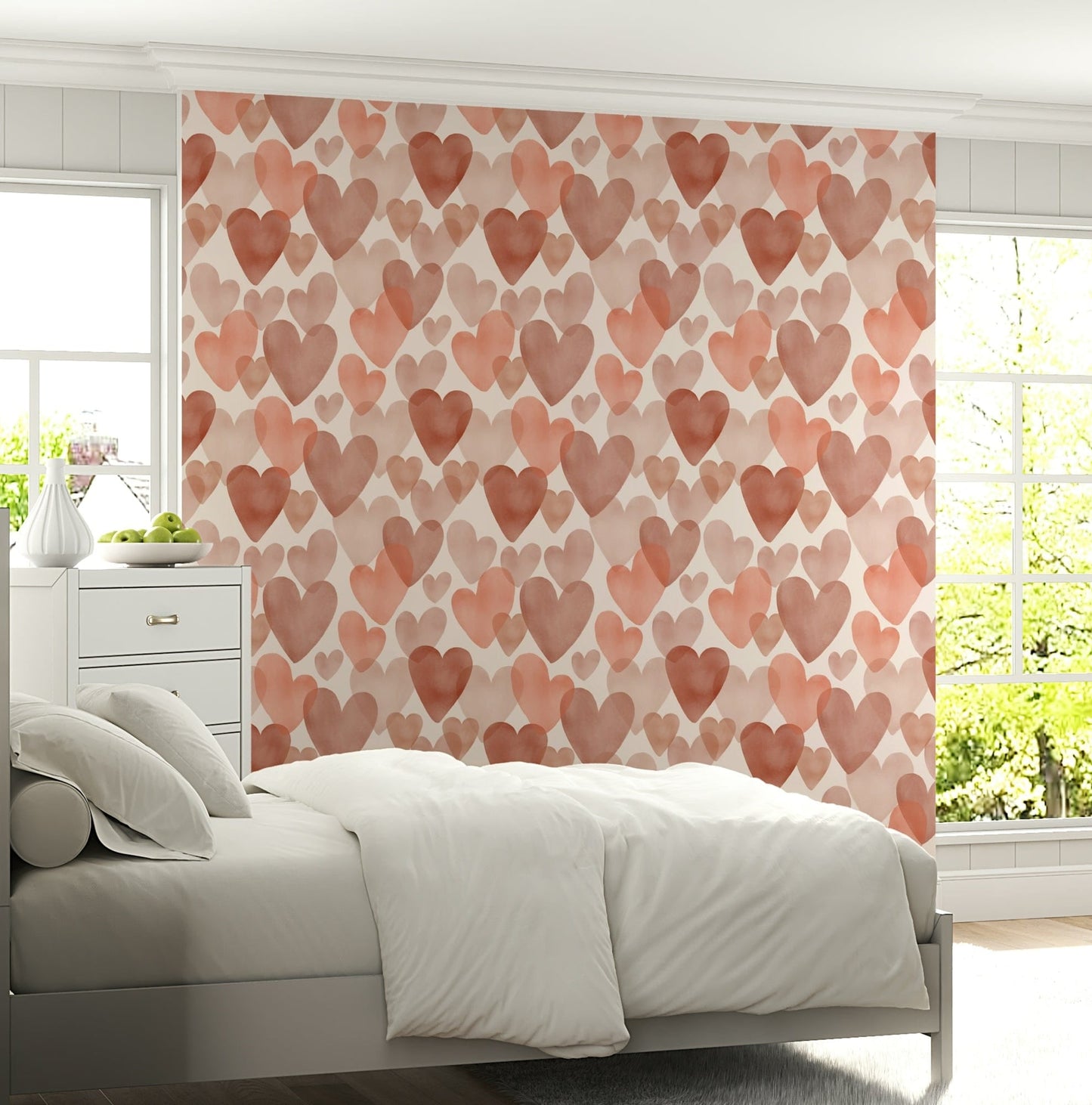 Romantic wallpaper mural with watercolor-style hearts scattered across a light neutral background.