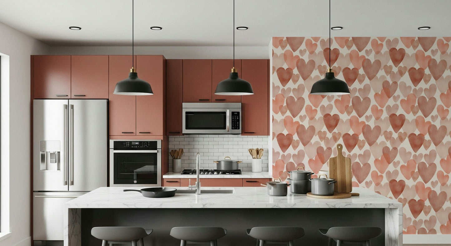 Watercolour Hearts wallpaper featuring soft, blended heart shapes in warm pink and peach tones.