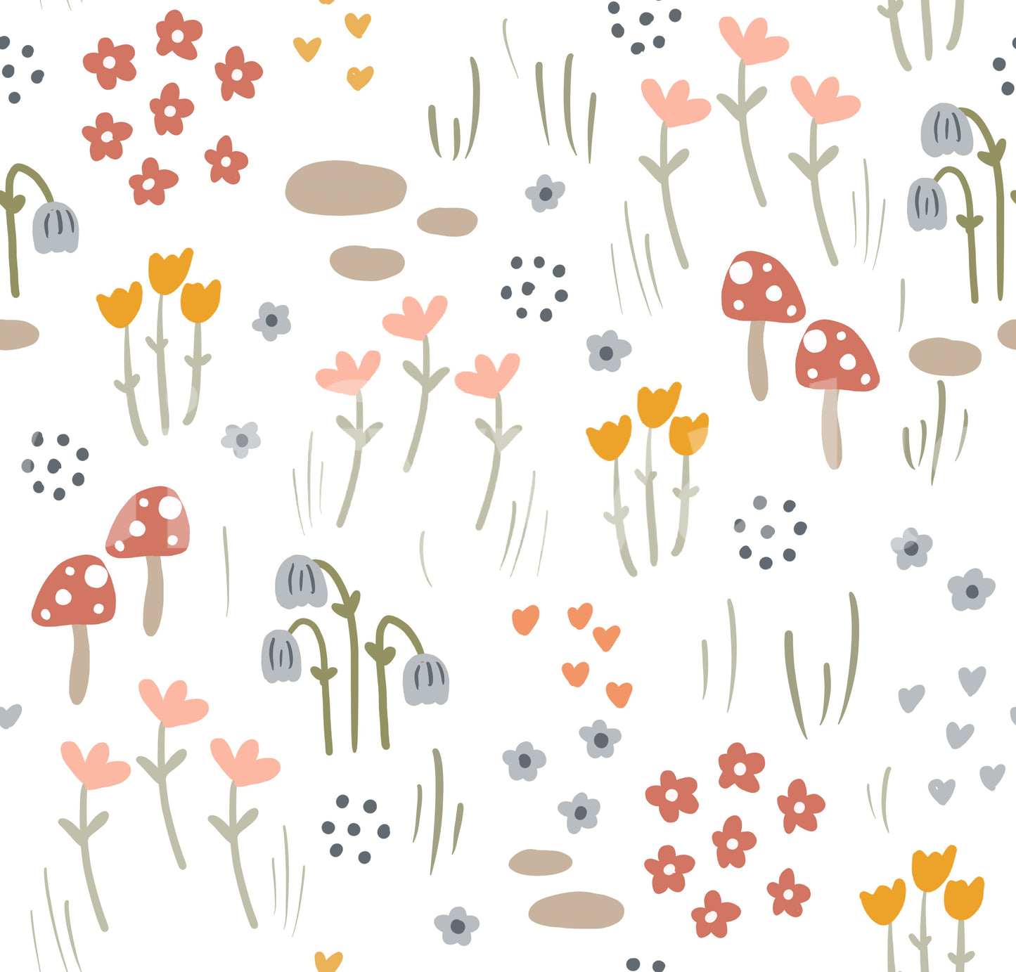 Fairy tale field with flowers and fungi

