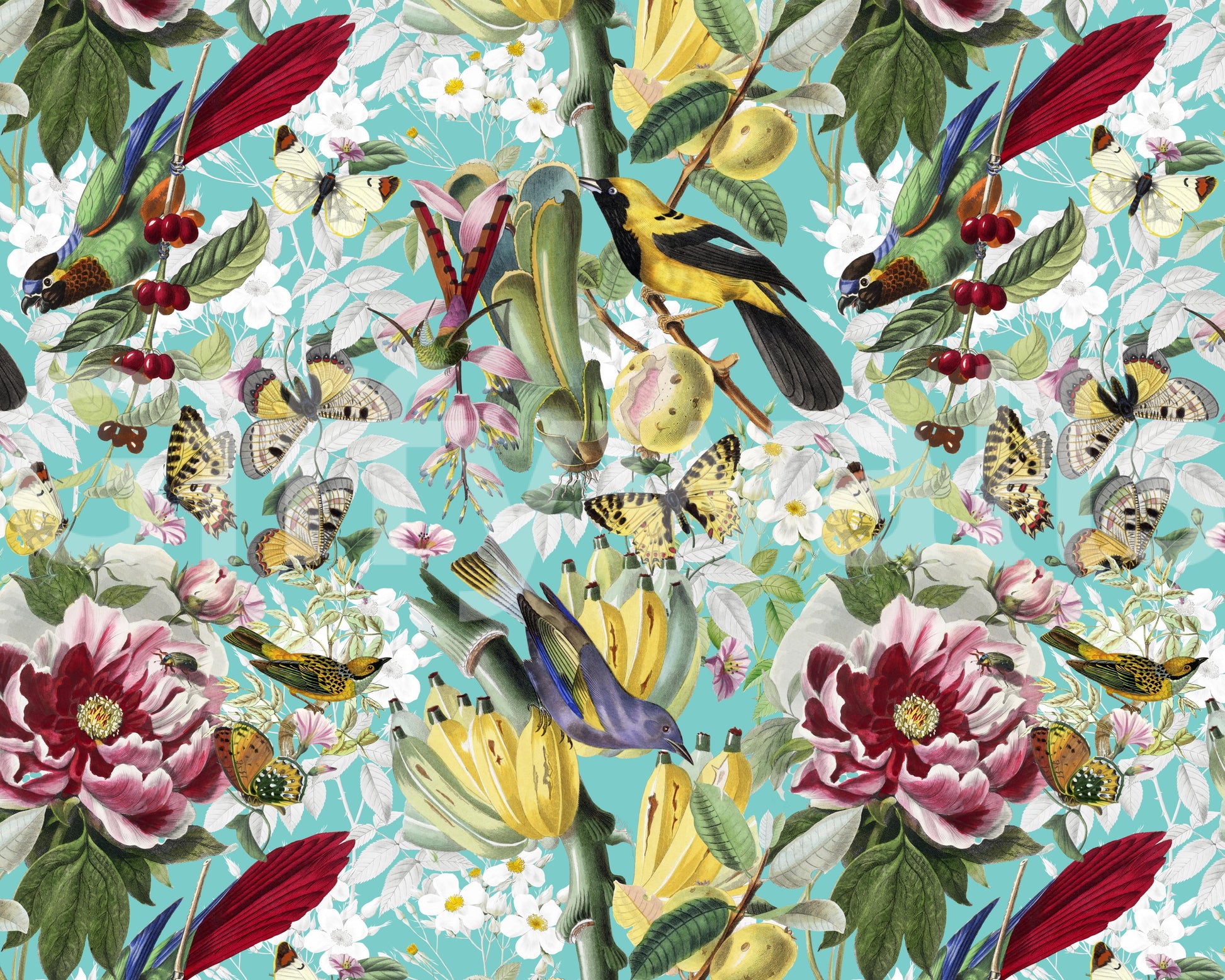 Rich floral jungle wall pattern with birds

