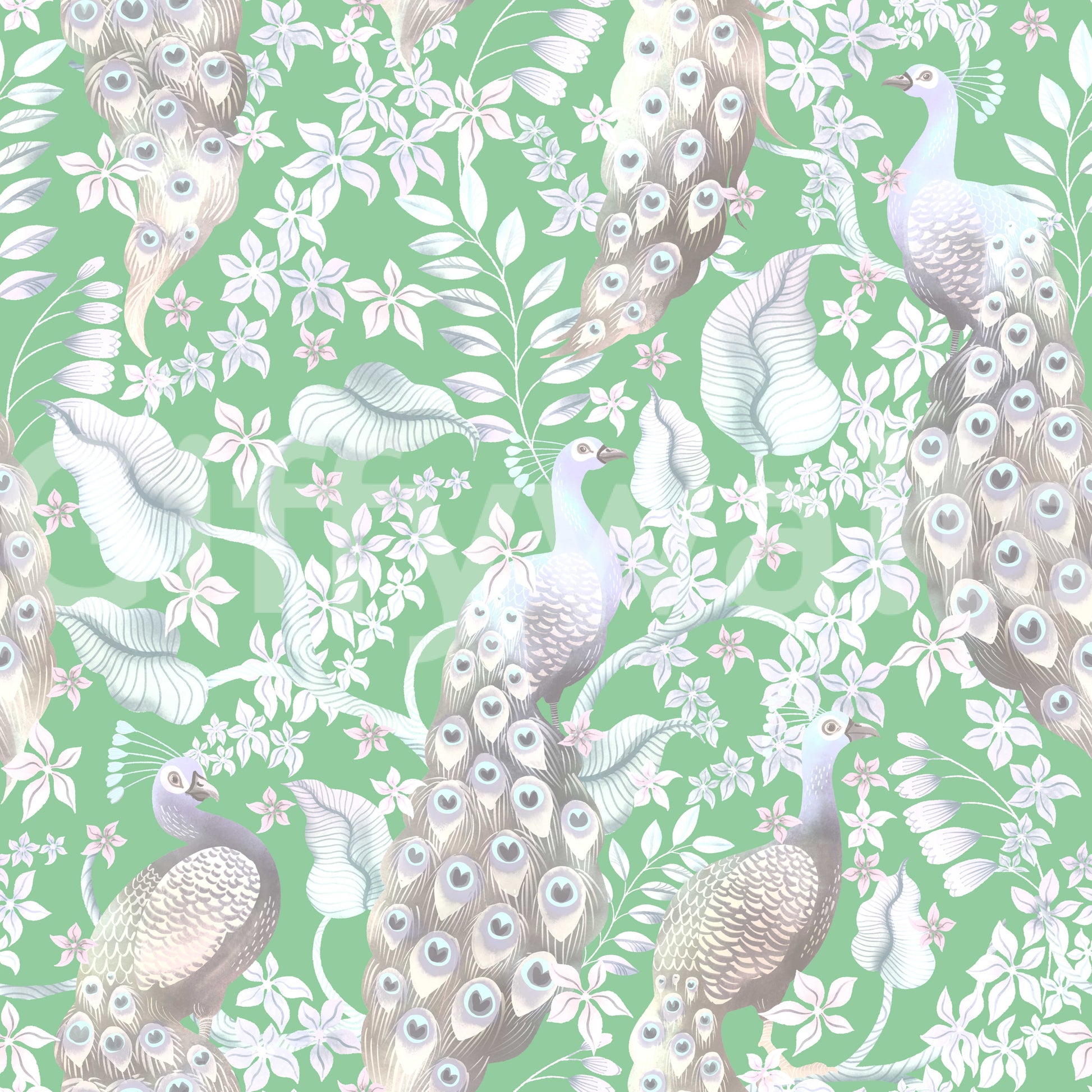 Statement wall featuring green peacock paradise look

