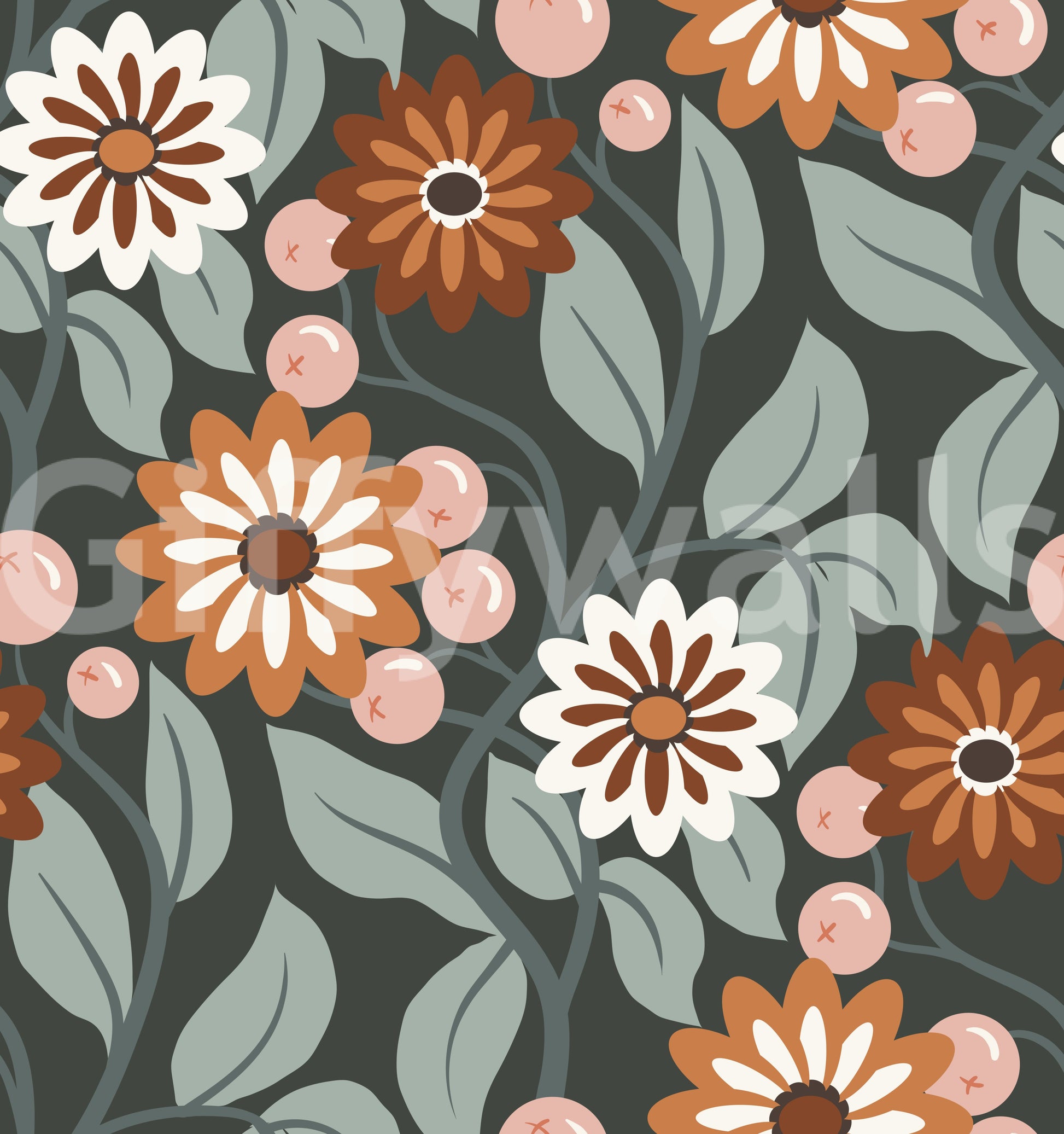 Stylized retro flower mural wallpaper

