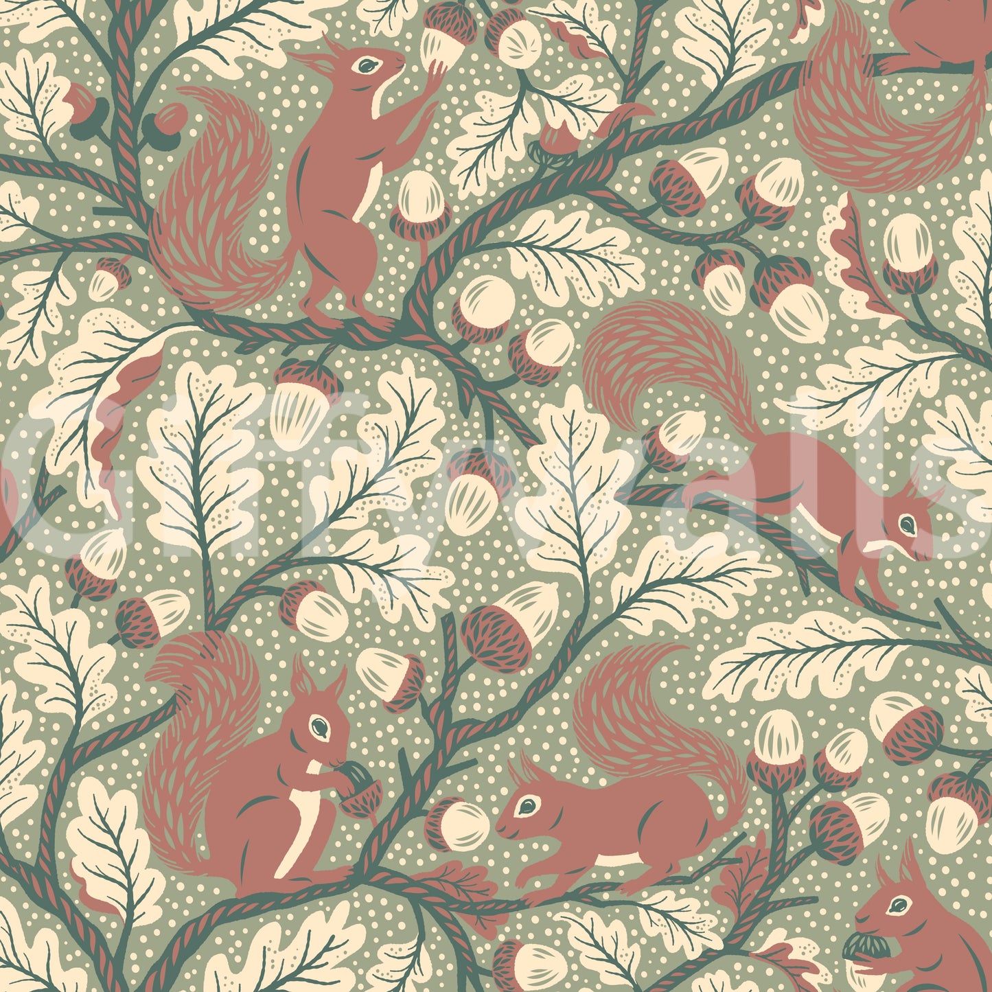 Whimsical wallpaper with squirrels and foliage

