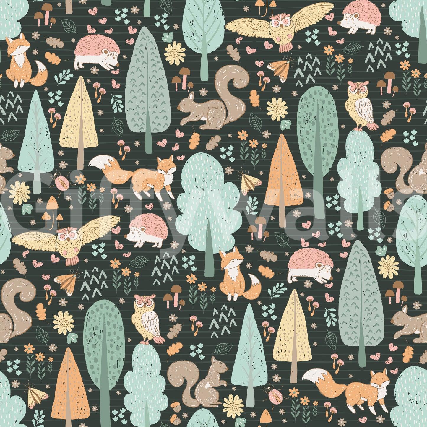 Playful Woodland Nursery Animals Dark Green Background Wallpaper⁠