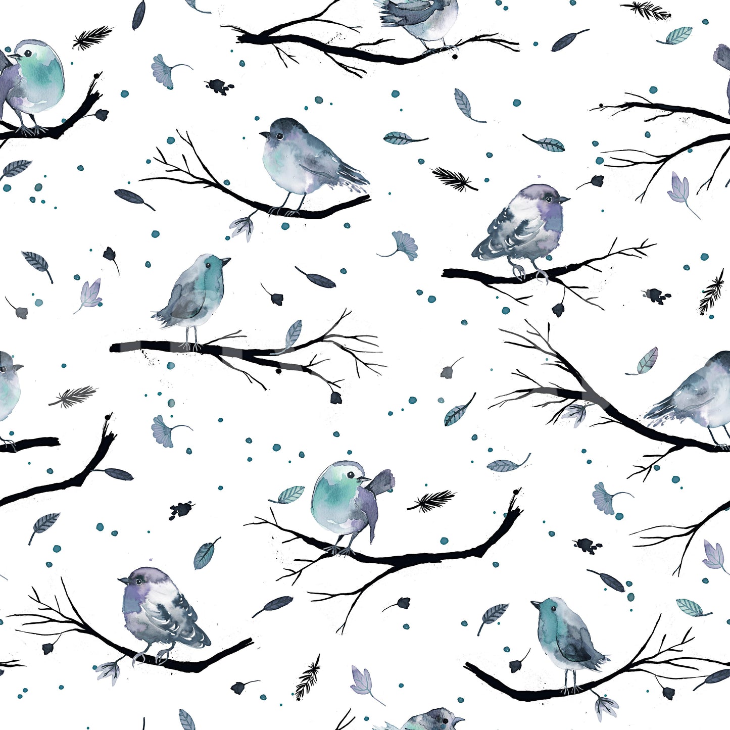 Birds Branches Robin Aqua Blue Wallpaper⁠