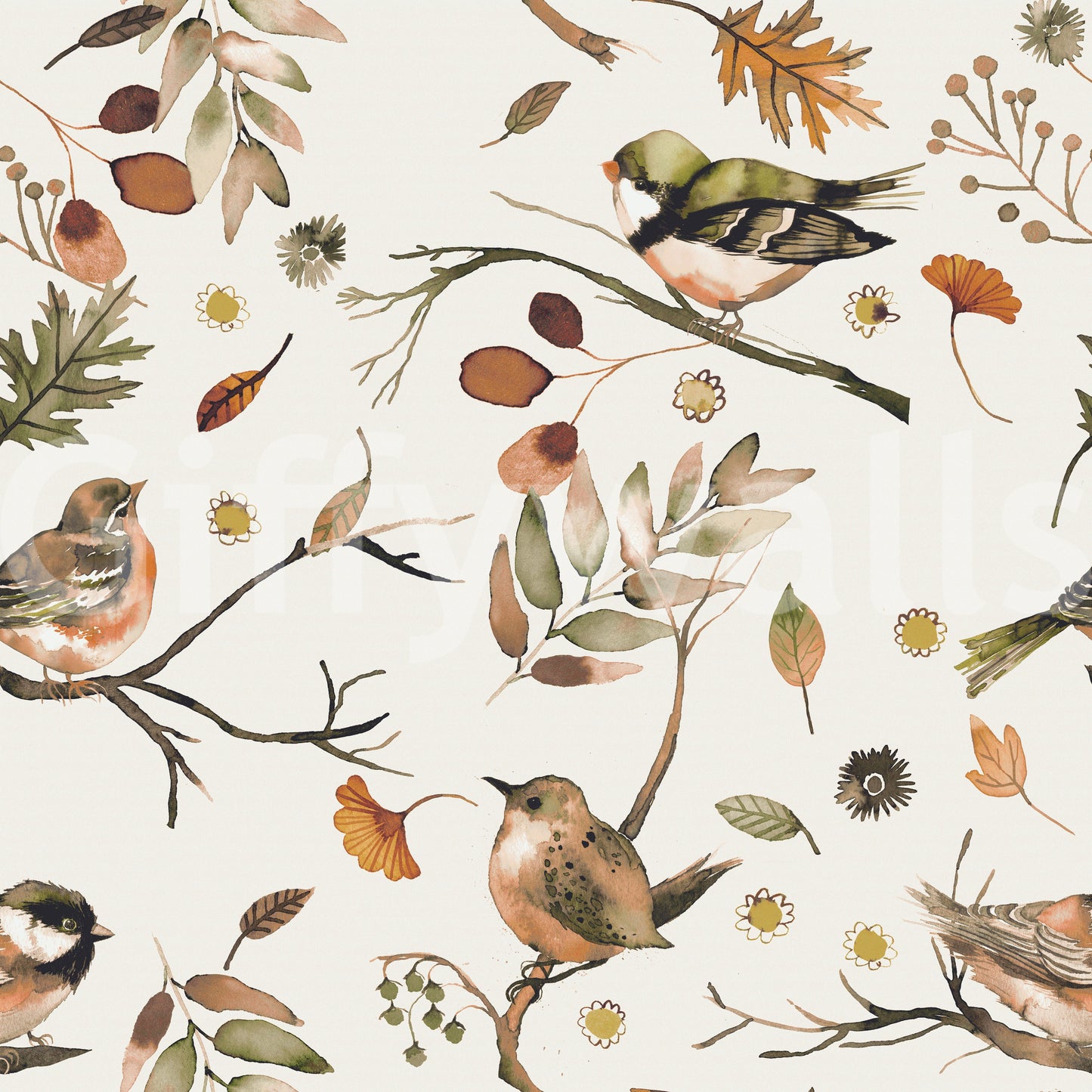 Birds Trees  Forest Rustic Green Wallpaper⁠