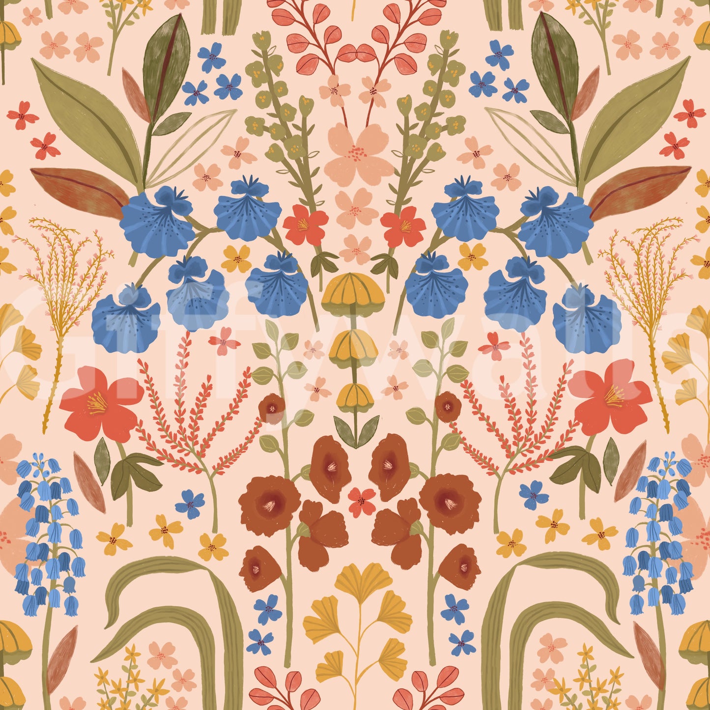 Cottage-style wallpaper with vintage bluebells

