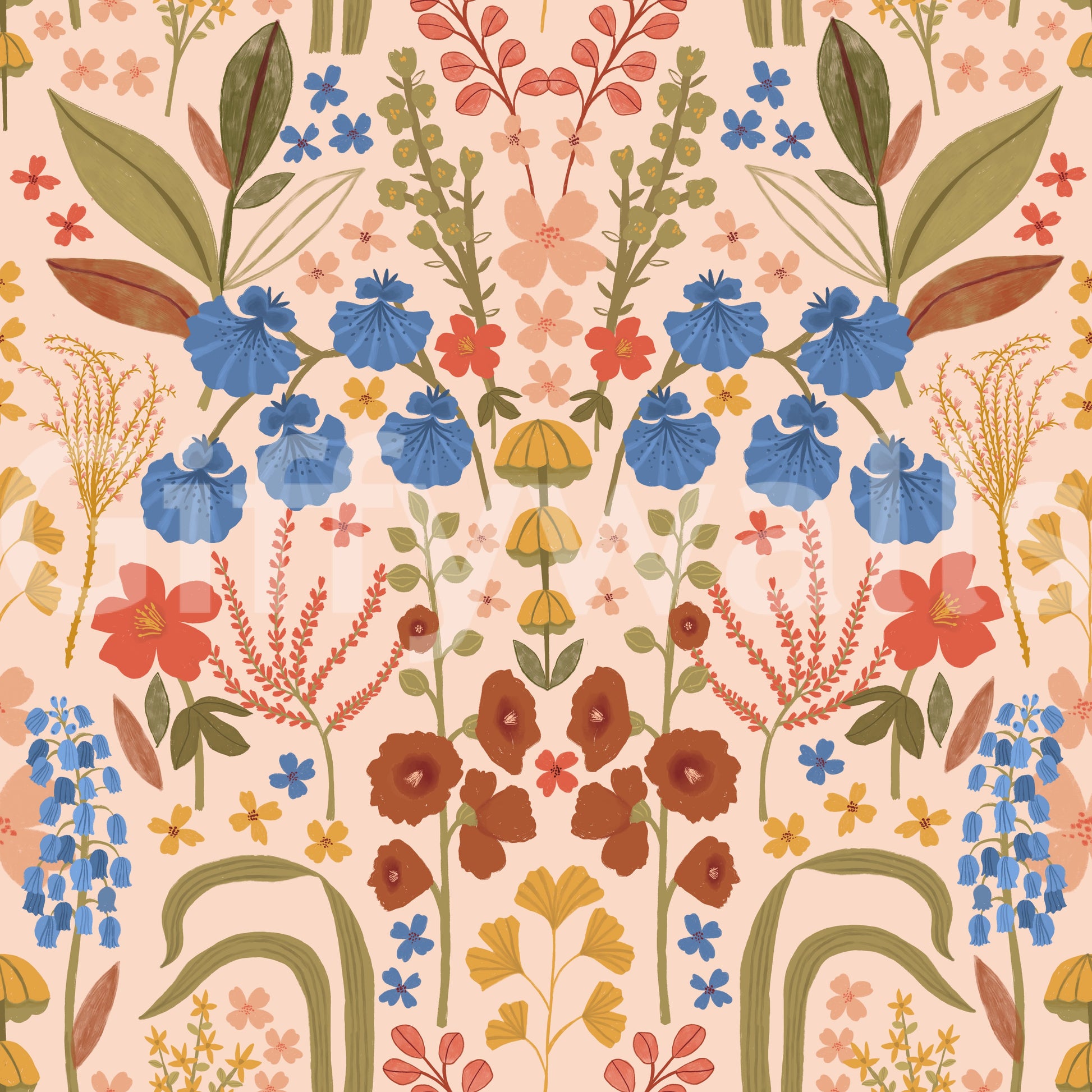 Cottage-style wallpaper with vintage bluebells

