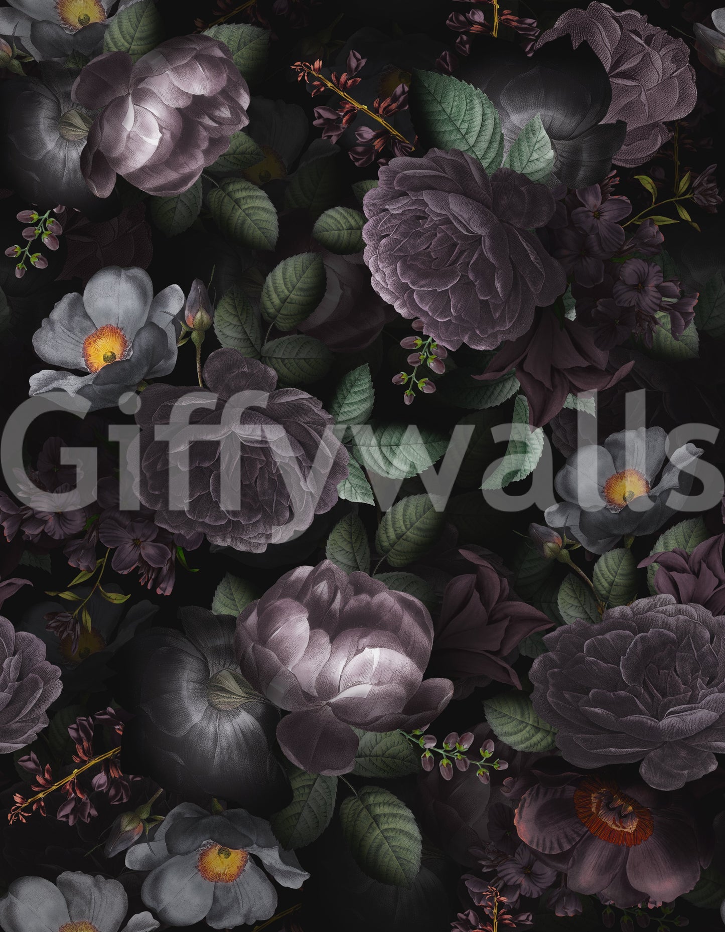 Rich, dramatic floral wallpaper with vintage Gothic influence

