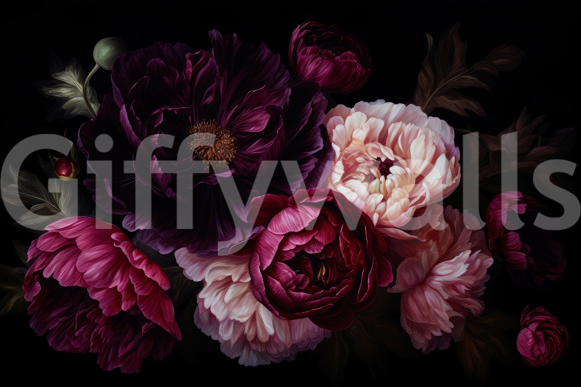 Moody dark peony floral mural adding heritage gothic glamour.

