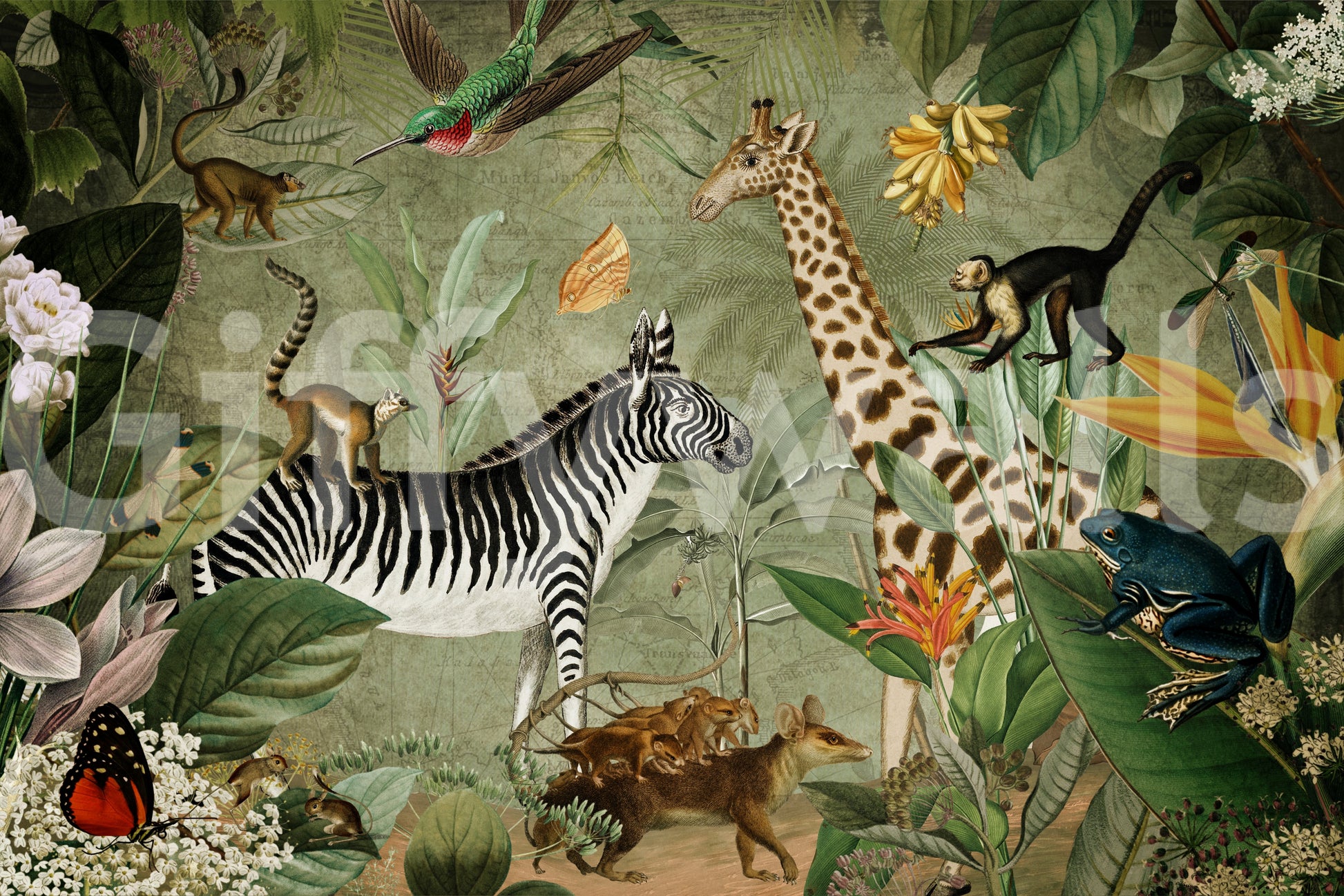 Vintage jungle mural wallpaper featuring rich greenery.

