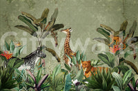 Safari expedition wall mural with detailed animal illustrations.

