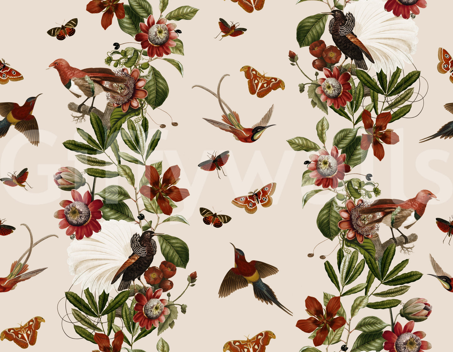 Bold tropical wallpaper with bright flowers and rich green foliage

