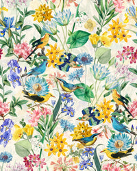 Floral and bird wallpaper creating a cheerful, vibrant atmosphere

