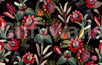 Dark and moody wallpaper with vibrant floral accents.

