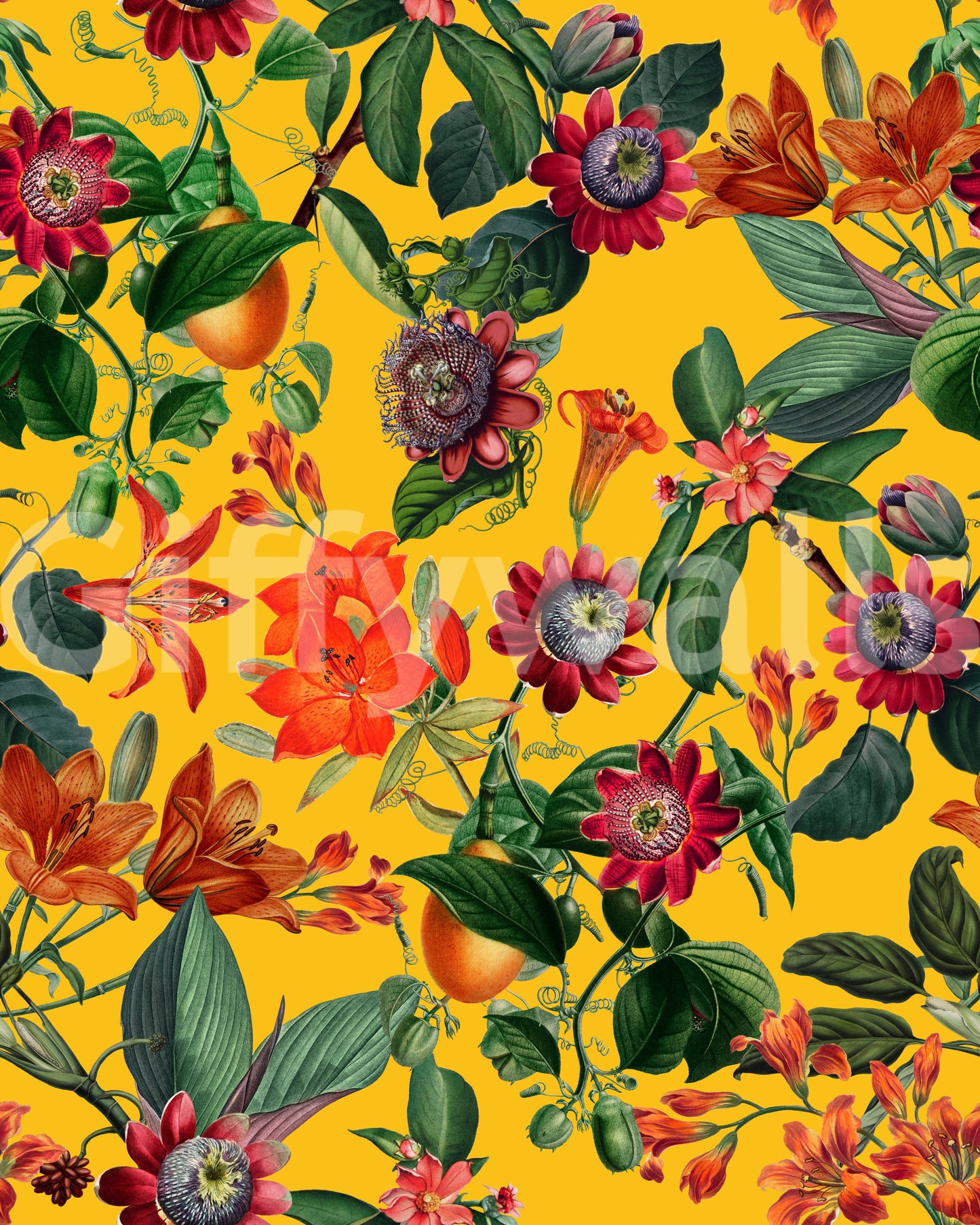 Rich botanical wallpaper featuring bright flowers and lush plants.

