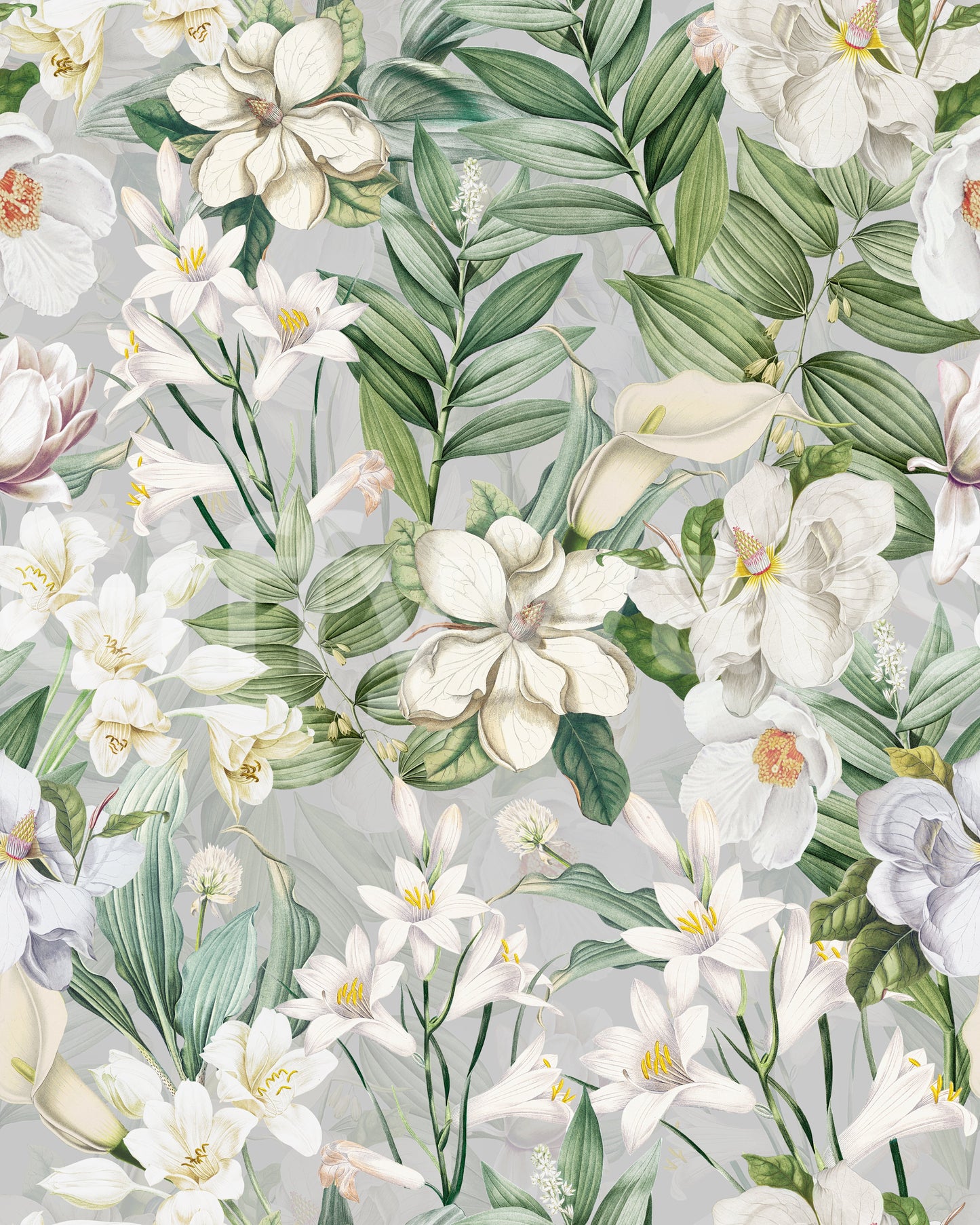 Serene botanical wallpaper with soft blooms and intricate designs.

