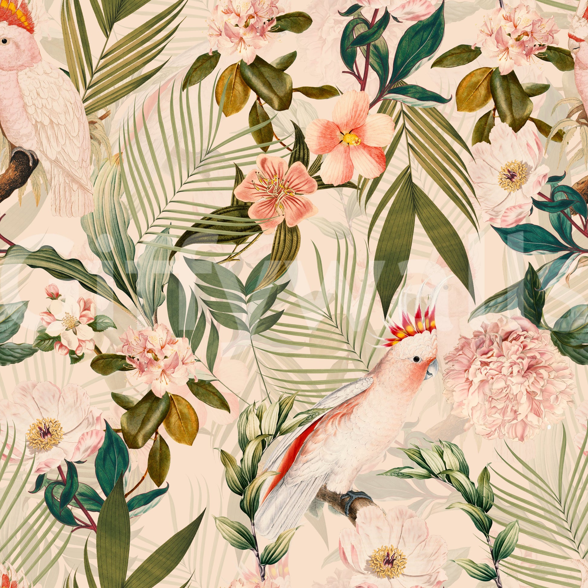 Colorful birds and lush leaves creating a tropical ambiance on walls.

