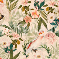 Colorful birds and lush leaves creating a tropical ambiance on walls.

