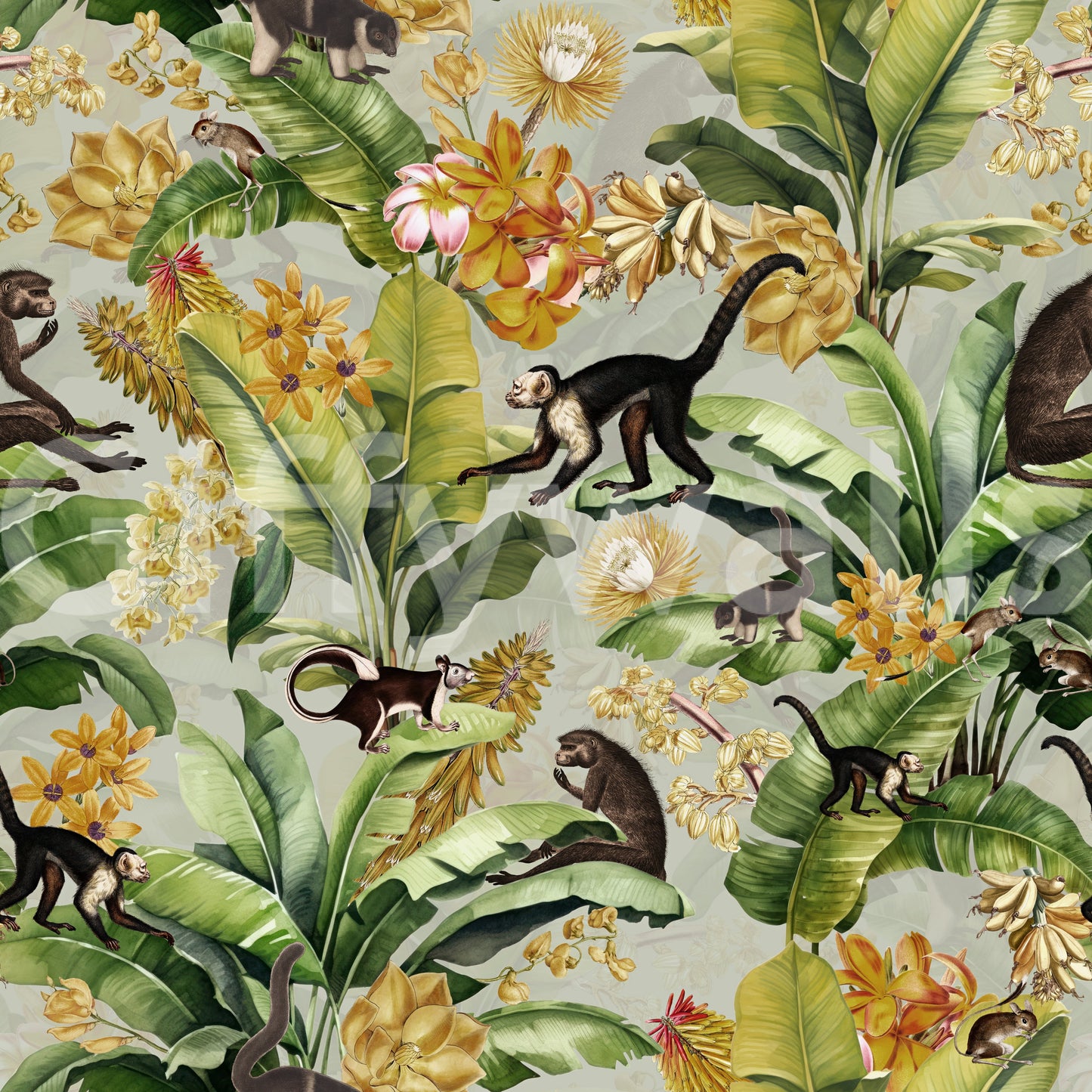 Exotic wallpaper with jungle animals, tropical plants, and golden flourishes.

