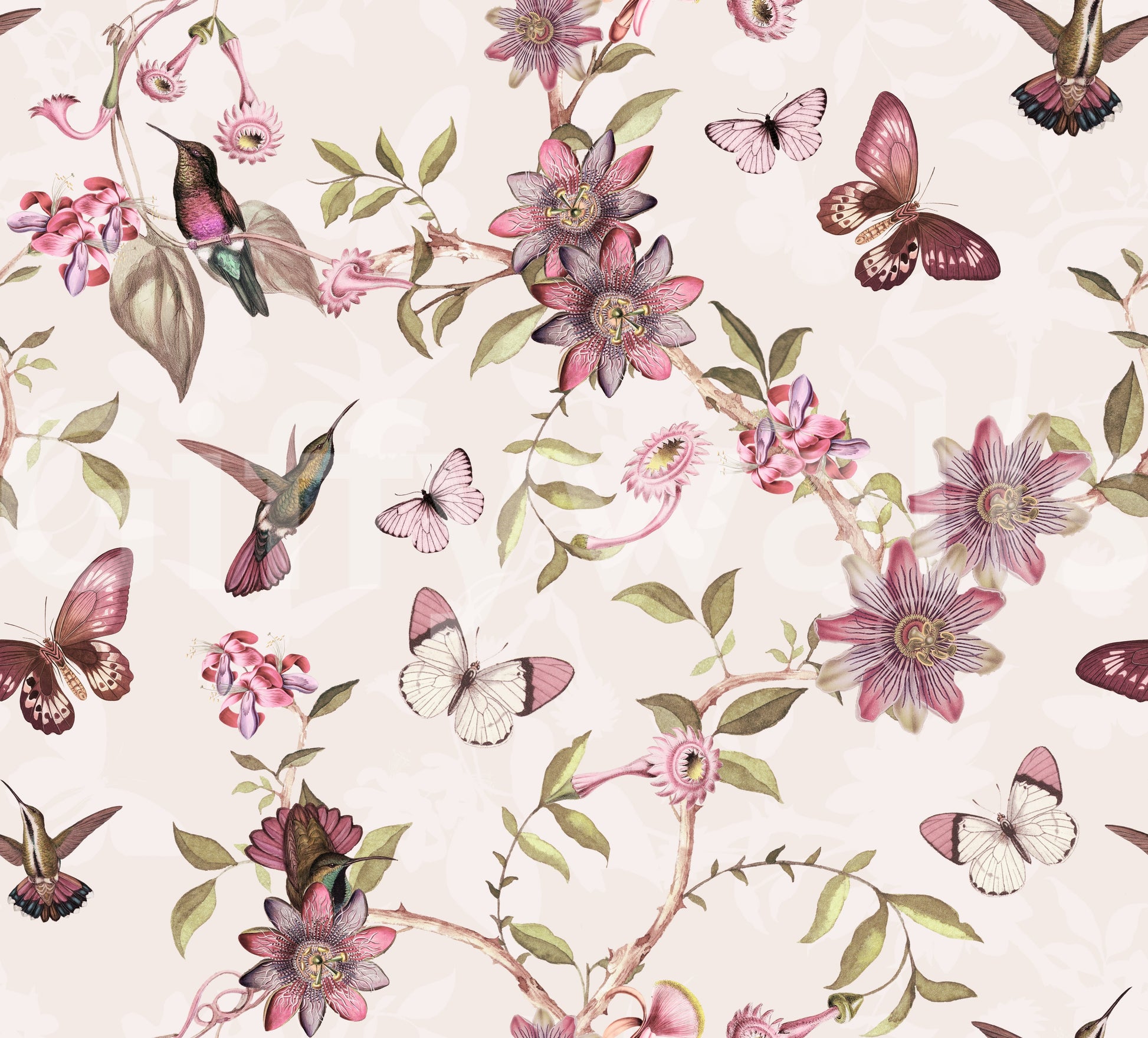 Vintage-style wallpaper with spring florals and charming birds.

