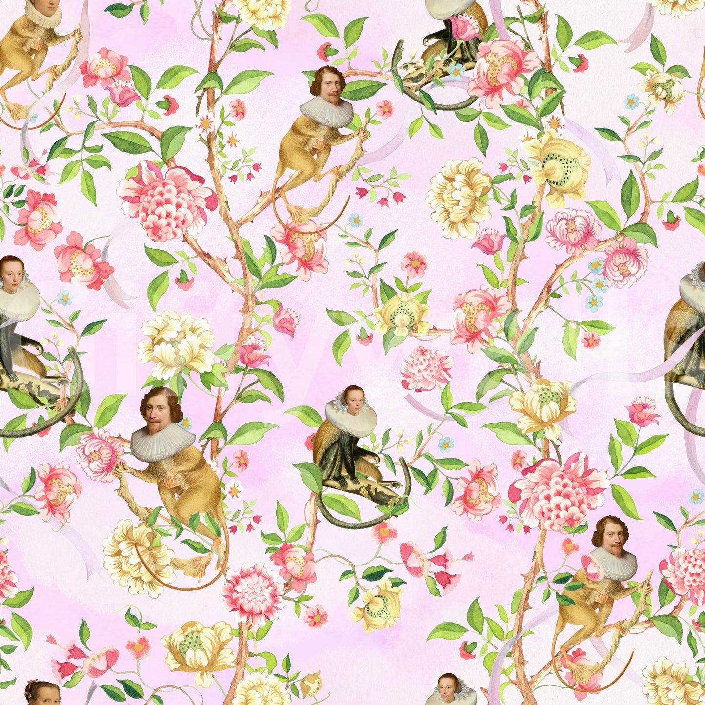 Detailed wallpaper featuring playful monkeys and parasol accents.

