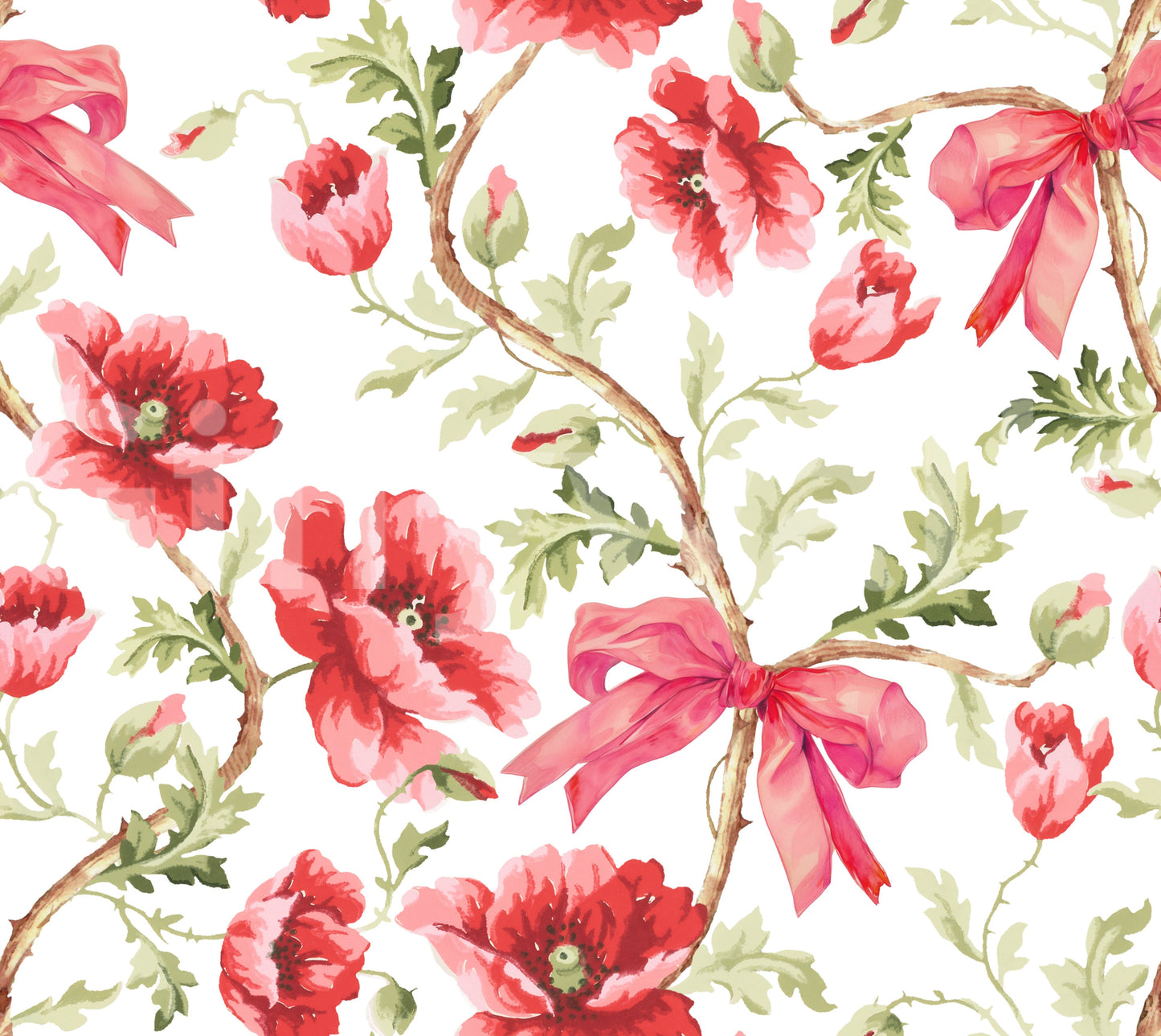 Crimson poppies and pink bows flowing over a pastel backdrop.

